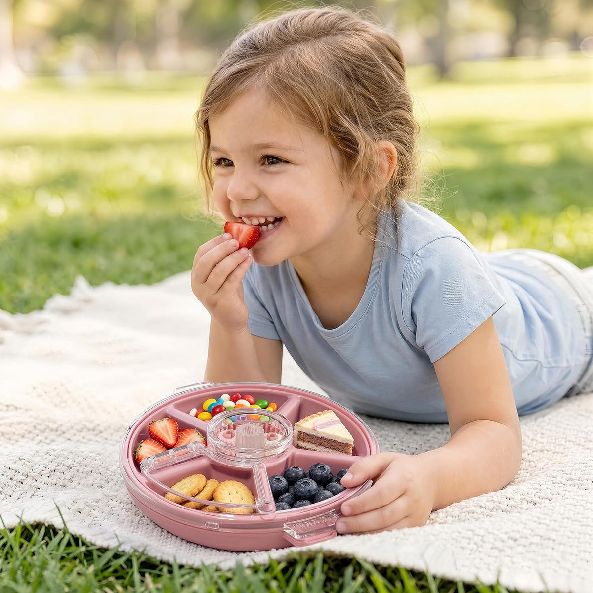 Kids Divided Snack Box with Hand Strap, Reusable 5-Compartment Kids Snack Container, BPA-Free Portable Candy & Nut Serving Platter for Travel, Parties, Picnics (Pink)