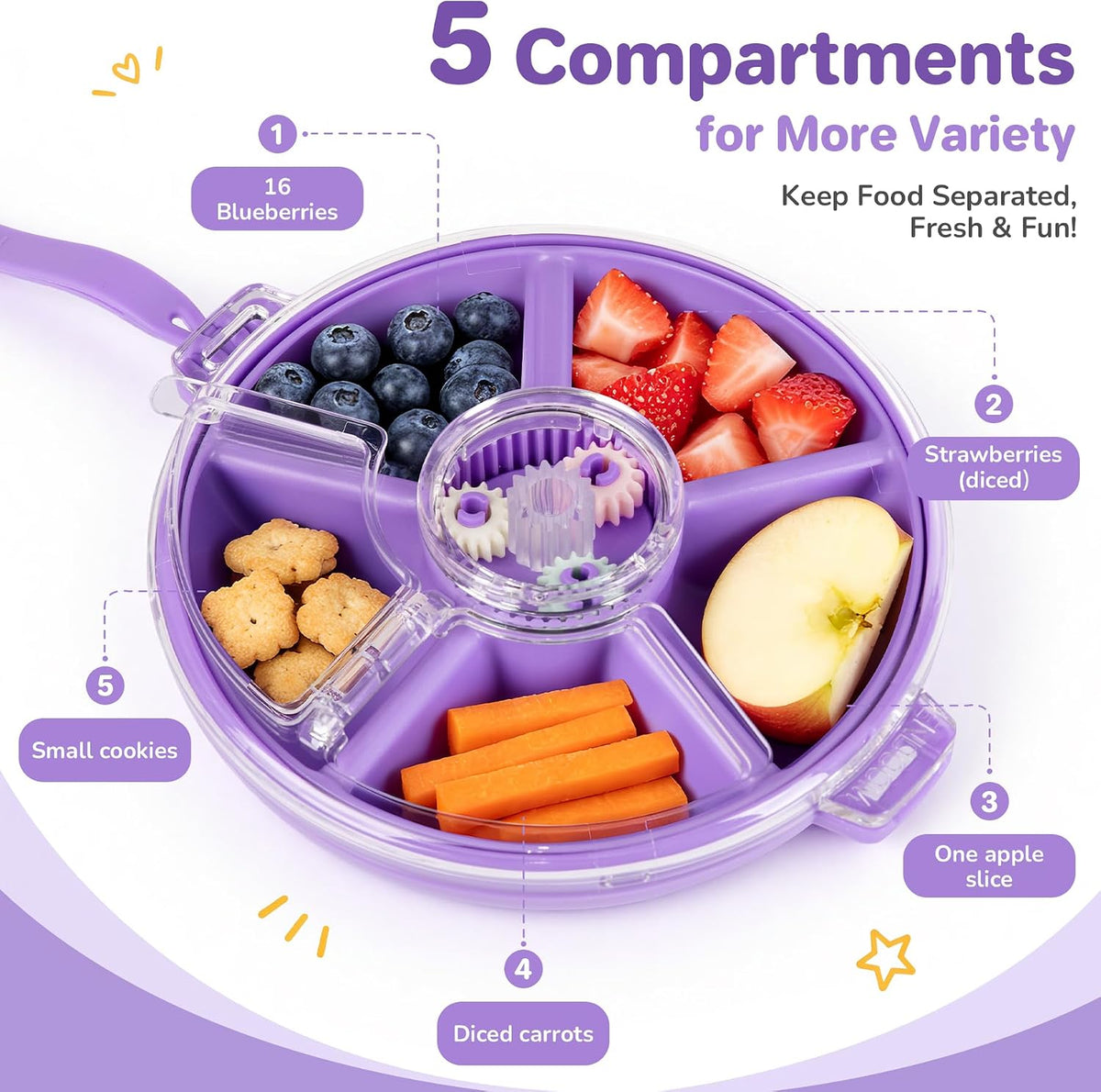 Kids Divided Snack Box with Hand Strap, Reusable 5-Compartment Kids Snack Container, BPA-Free Portable Candy & Nut Serving Platter for Travel, Parties, Picnics (Pink)