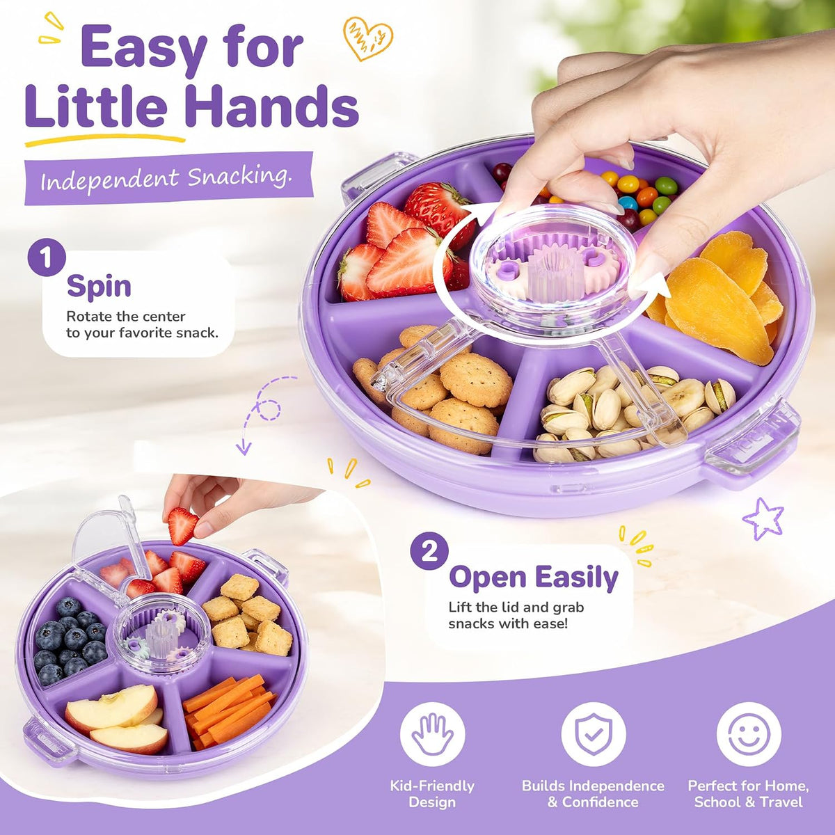 Kids Divided Snack Box with Hand Strap, Reusable 5-Compartment Kids Snack Container, BPA-Free Portable Candy & Nut Serving Platter for Travel, Parties, Picnics (Pink)
