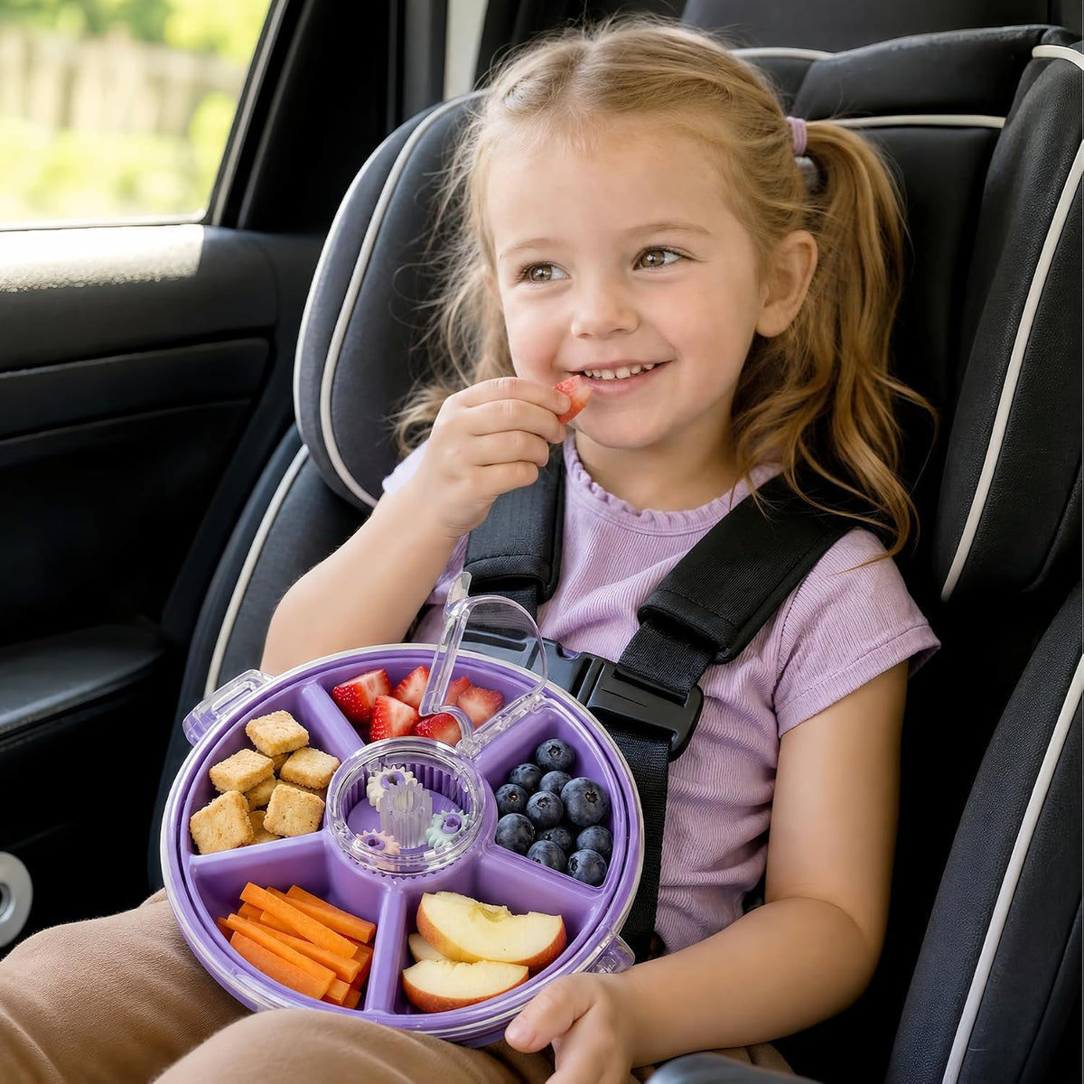 Kids Divided Snack Box with Hand Strap, Reusable 5-Compartment Kids Snack Container, BPA-Free Portable Candy & Nut Serving Platter for Travel, Parties, Picnics (Pink)