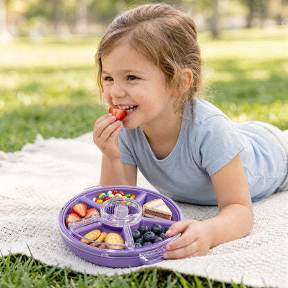 Kids Divided Snack Box with Hand Strap, Reusable 5-Compartment Kids Snack Container, BPA-Free Portable Candy & Nut Serving Platter for Travel, Parties, Picnics (Pink)