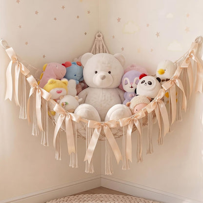 Stuffed Animals Storage Hammock with DIY Bows & LED Lights Hanging Toy Organizer for Stuffed Animals Large Corner Plushie Net for Kids Girls Room Decor Aesthetic Toy Hammock with Bowknots