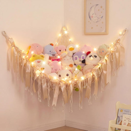 Stuffed Animals Storage Hammock with DIY Bows & LED Lights Hanging Toy Organizer for Stuffed Animals Large Corner Plushie Net for Kids Girls Room Decor Aesthetic Toy Hammock with Bowknots