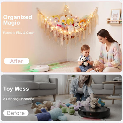 Stuffed Animals Storage Hammock with DIY Bows & LED Lights Hanging Toy Organizer for Stuffed Animals Large Corner Plushie Net for Kids Girls Room Decor Aesthetic Toy Hammock with Bowknots