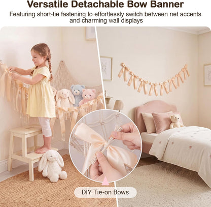 Stuffed Animals Storage Hammock with DIY Bows & LED Lights Hanging Toy Organizer for Stuffed Animals Large Corner Plushie Net for Kids Girls Room Decor Aesthetic Toy Hammock with Bowknots