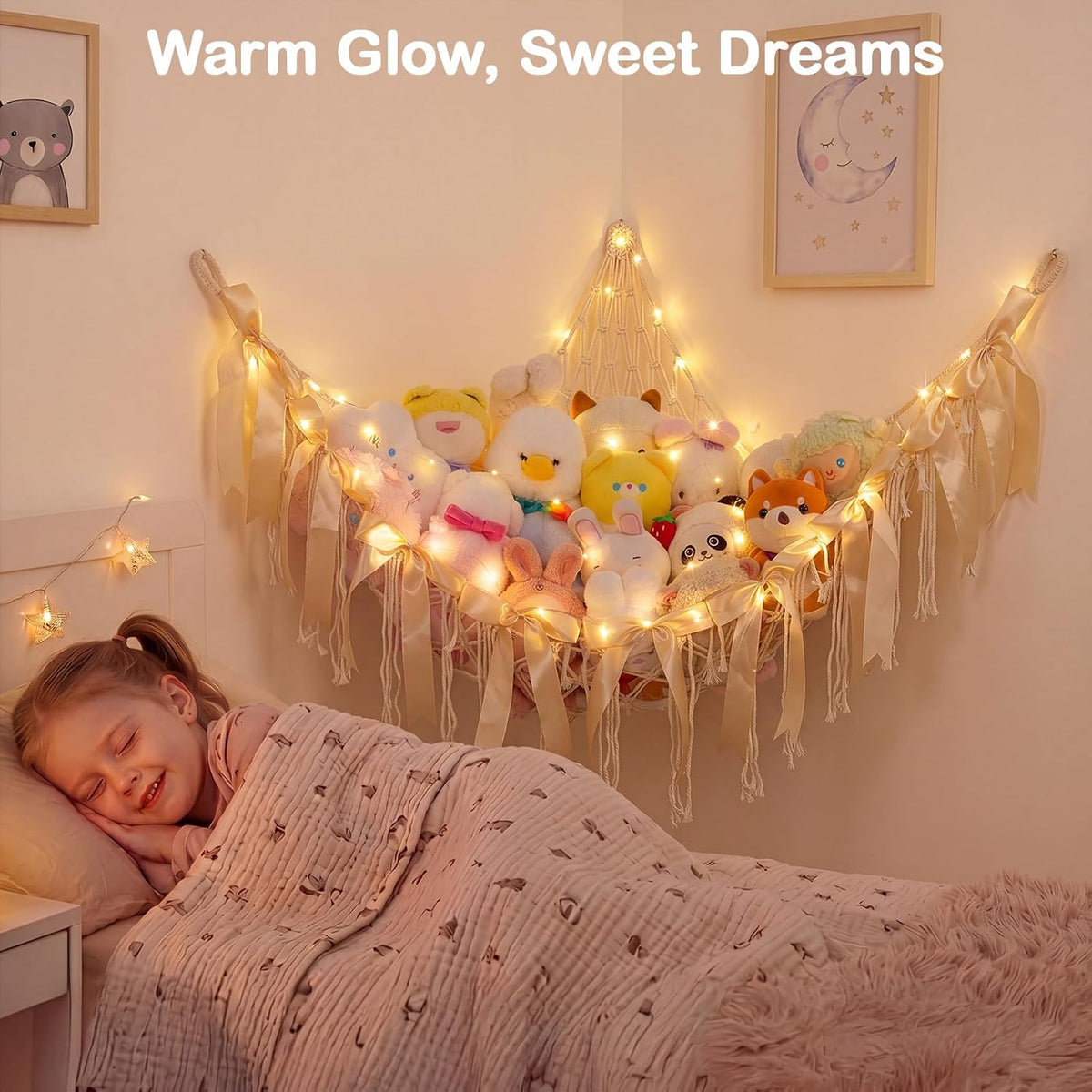 Stuffed Animals Storage Hammock with DIY Bows & LED Lights Hanging Toy Organizer for Stuffed Animals Large Corner Plushie Net for Kids Girls Room Decor Aesthetic Toy Hammock with Bowknots
