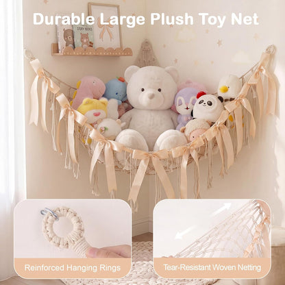 Stuffed Animals Storage Hammock with DIY Bows & LED Lights Hanging Toy Organizer for Stuffed Animals Large Corner Plushie Net for Kids Girls Room Decor Aesthetic Toy Hammock with Bowknots