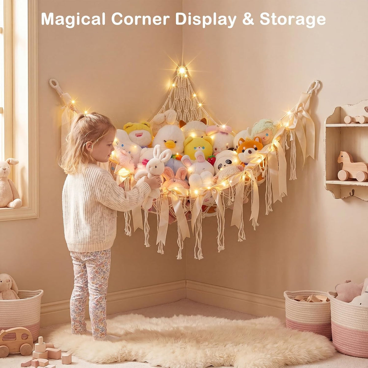 Stuffed Animals Storage Hammock with DIY Bows & LED Lights Hanging Toy Organizer for Stuffed Animals Large Corner Plushie Net for Kids Girls Room Decor Aesthetic Toy Hammock with Bowknots