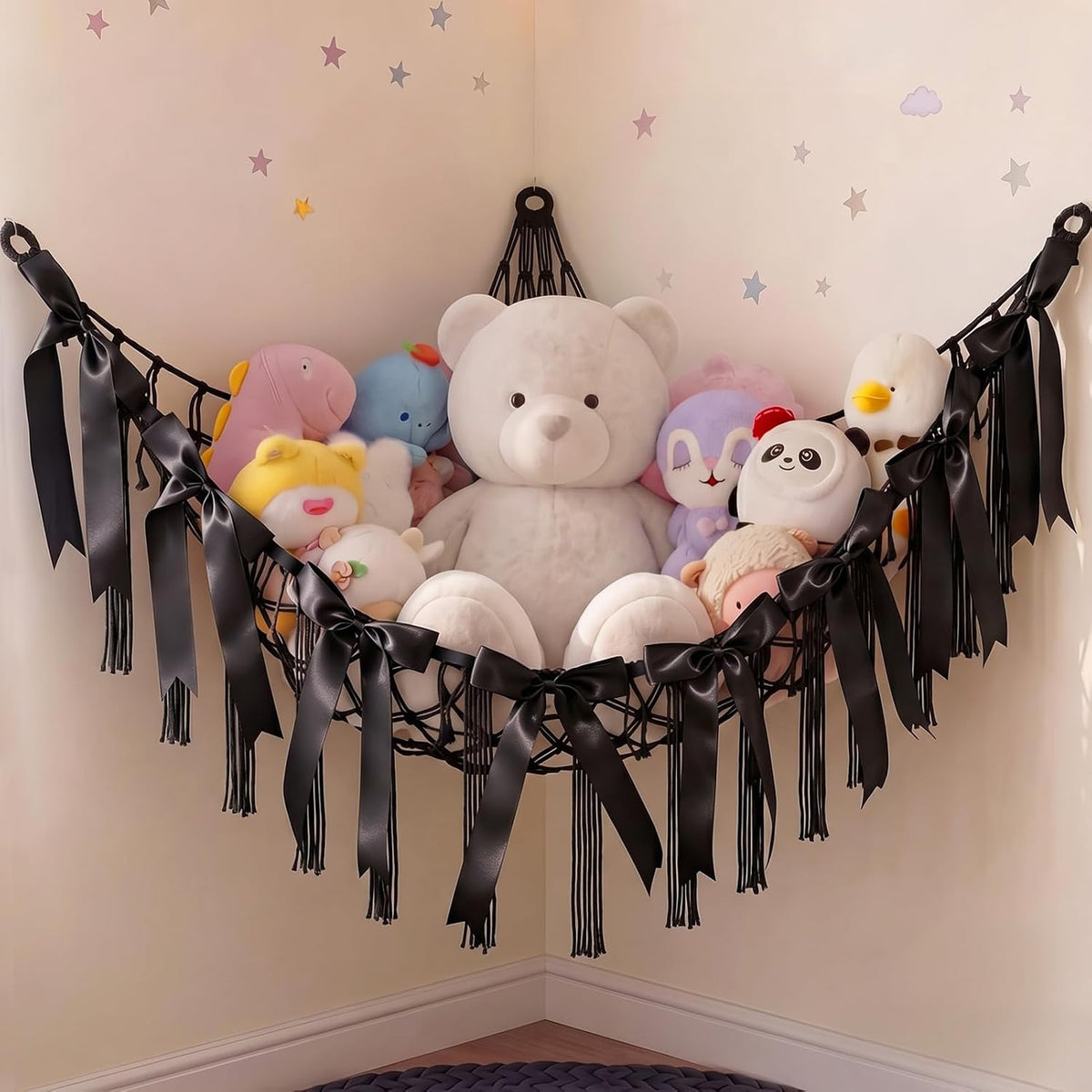 Stuffed Animals Storage Hammock with DIY Bows & LED Lights Hanging Toy Organizer for Stuffed Animals Large Corner Plushie Net for Kids Girls Room Decor Aesthetic Toy Hammock with Bowknots