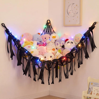 Stuffed Animals Storage Hammock with DIY Bows & LED Lights Hanging Toy Organizer for Stuffed Animals Large Corner Plushie Net for Kids Girls Room Decor Aesthetic Toy Hammock with Bowknots