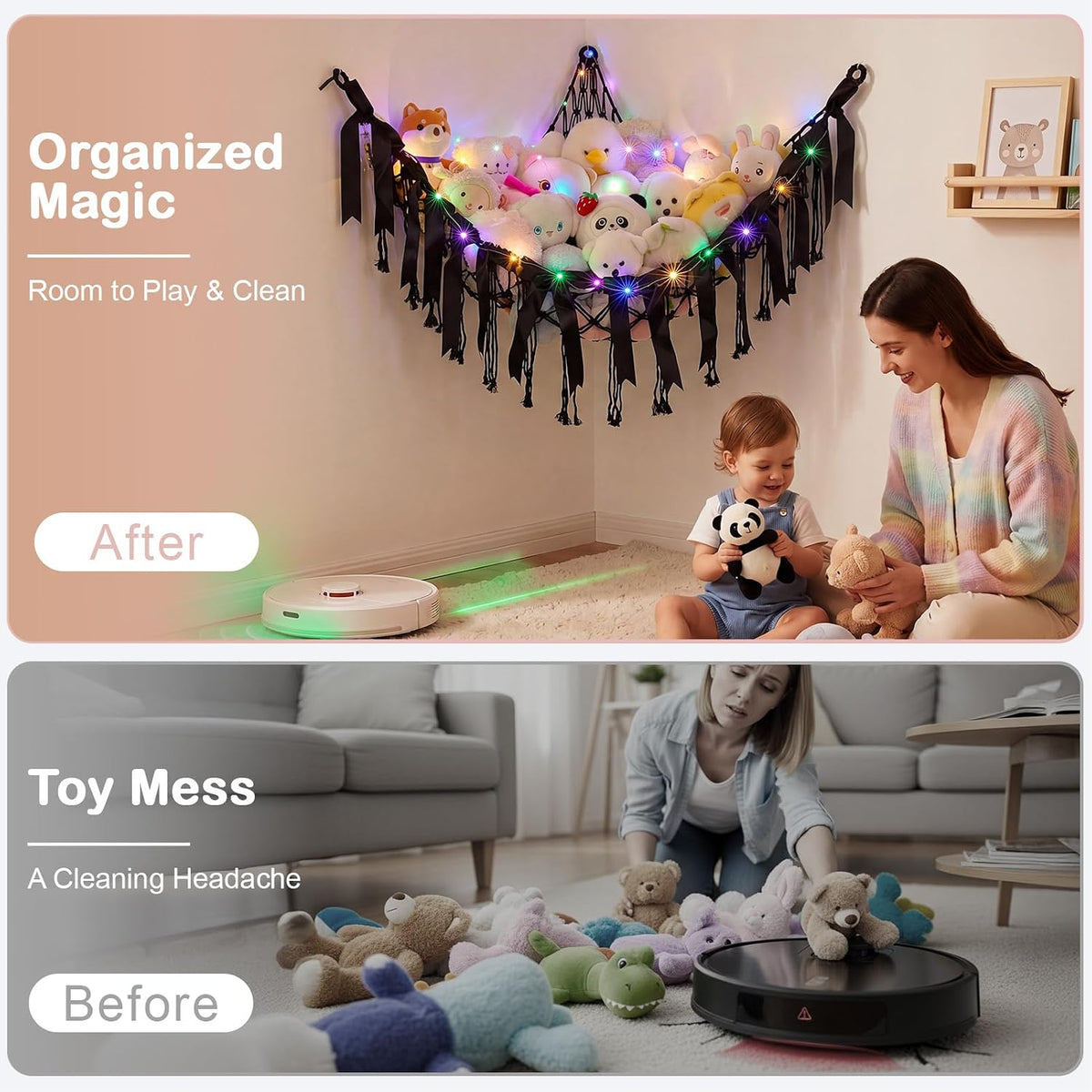 Stuffed Animals Storage Hammock with DIY Bows & LED Lights Hanging Toy Organizer for Stuffed Animals Large Corner Plushie Net for Kids Girls Room Decor Aesthetic Toy Hammock with Bowknots