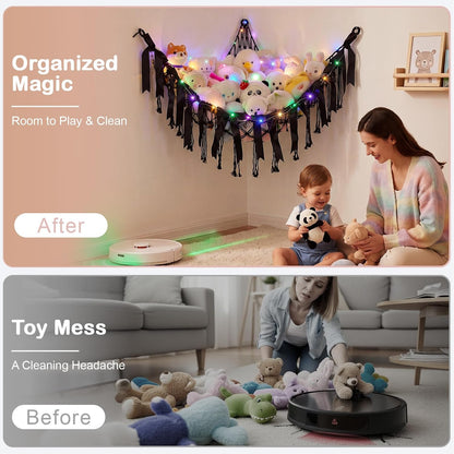 Stuffed Animals Storage Hammock with DIY Bows & LED Lights Hanging Toy Organizer for Stuffed Animals Large Corner Plushie Net for Kids Girls Room Decor Aesthetic Toy Hammock with Bowknots