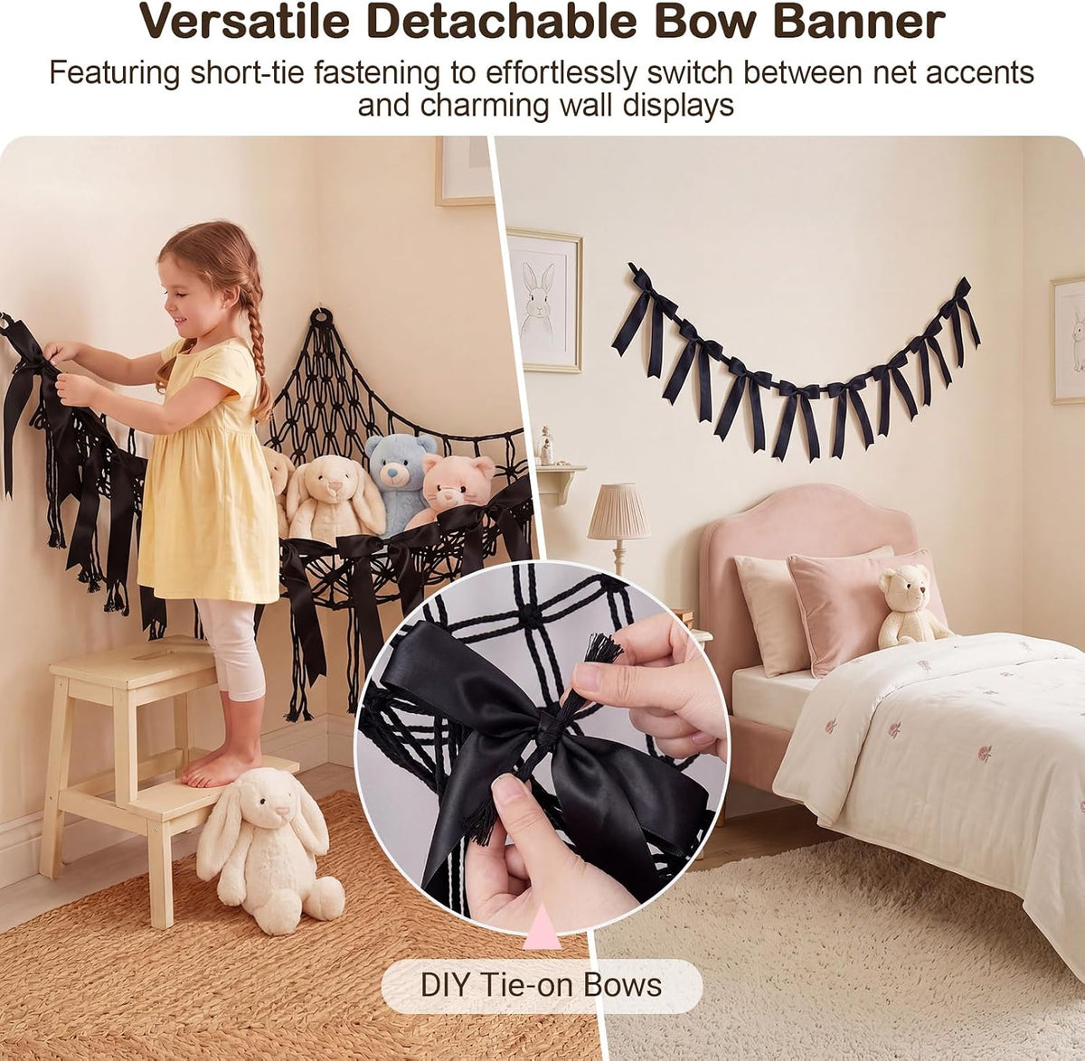 Stuffed Animals Storage Hammock with DIY Bows & LED Lights Hanging Toy Organizer for Stuffed Animals Large Corner Plushie Net for Kids Girls Room Decor Aesthetic Toy Hammock with Bowknots