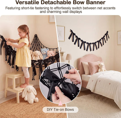 Stuffed Animals Storage Hammock with DIY Bows & LED Lights Hanging Toy Organizer for Stuffed Animals Large Corner Plushie Net for Kids Girls Room Decor Aesthetic Toy Hammock with Bowknots