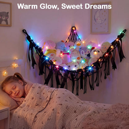 Stuffed Animals Storage Hammock with DIY Bows & LED Lights Hanging Toy Organizer for Stuffed Animals Large Corner Plushie Net for Kids Girls Room Decor Aesthetic Toy Hammock with Bowknots