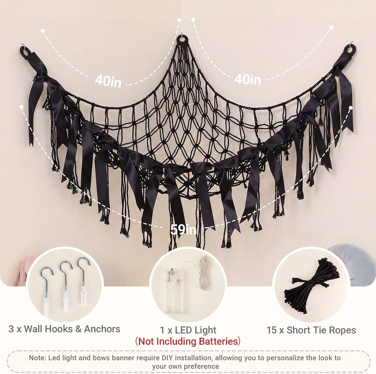 Stuffed Animals Storage Hammock with DIY Bows & LED Lights Hanging Toy Organizer for Stuffed Animals Large Corner Plushie Net for Kids Girls Room Decor Aesthetic Toy Hammock with Bowknots