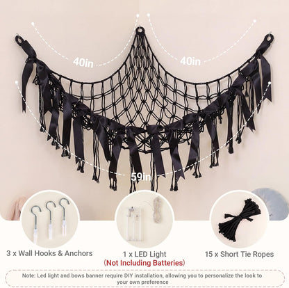 Stuffed Animals Storage Hammock with DIY Bows & LED Lights Hanging Toy Organizer for Stuffed Animals Large Corner Plushie Net for Kids Girls Room Decor Aesthetic Toy Hammock with Bowknots