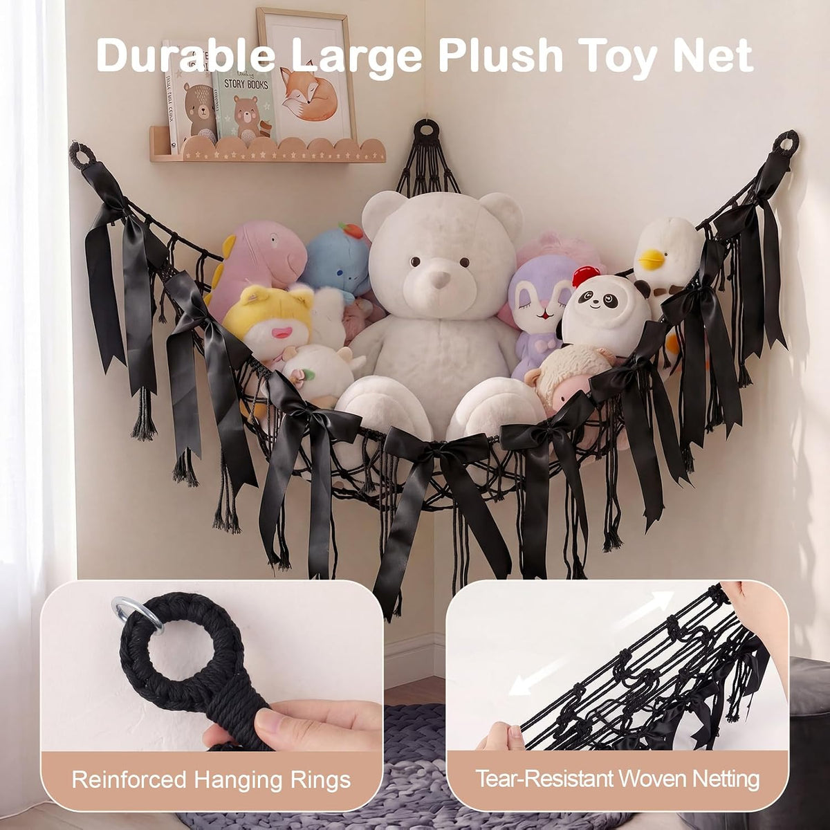Stuffed Animals Storage Hammock with DIY Bows & LED Lights Hanging Toy Organizer for Stuffed Animals Large Corner Plushie Net for Kids Girls Room Decor Aesthetic Toy Hammock with Bowknots