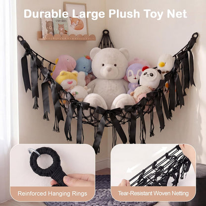 Stuffed Animals Storage Hammock with DIY Bows & LED Lights Hanging Toy Organizer for Stuffed Animals Large Corner Plushie Net for Kids Girls Room Decor Aesthetic Toy Hammock with Bowknots
