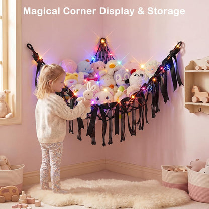 Stuffed Animals Storage Hammock with DIY Bows & LED Lights Hanging Toy Organizer for Stuffed Animals Large Corner Plushie Net for Kids Girls Room Decor Aesthetic Toy Hammock with Bowknots