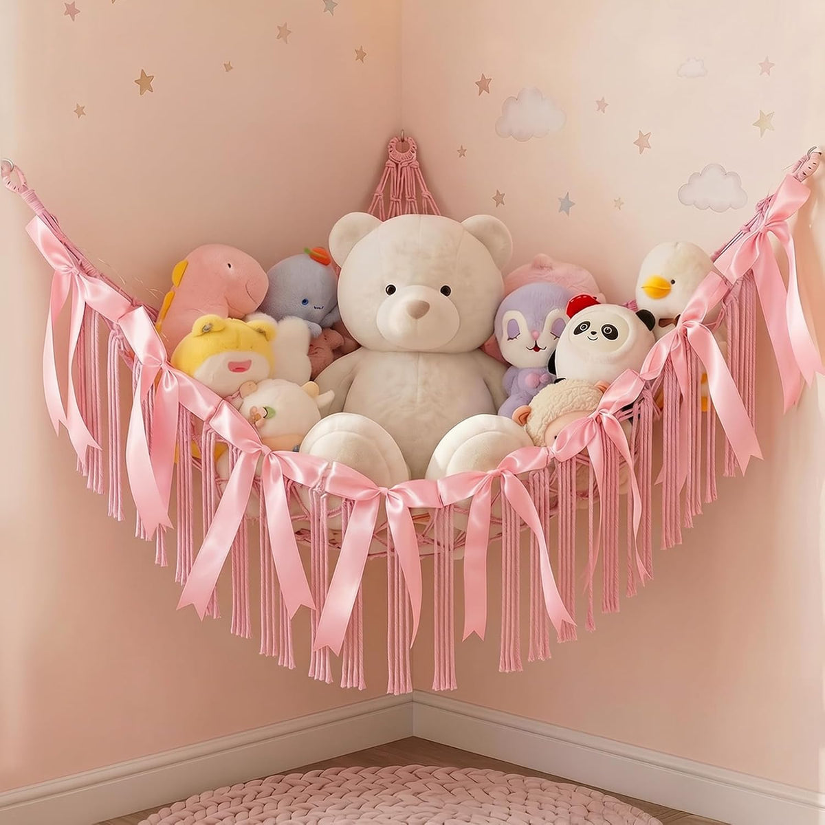 Stuffed Animals Storage Hammock with DIY Bows & LED Lights Hanging Toy Organizer for Stuffed Animals Large Corner Plushie Net for Kids Girls Room Decor Aesthetic Toy Hammock with Bowknots