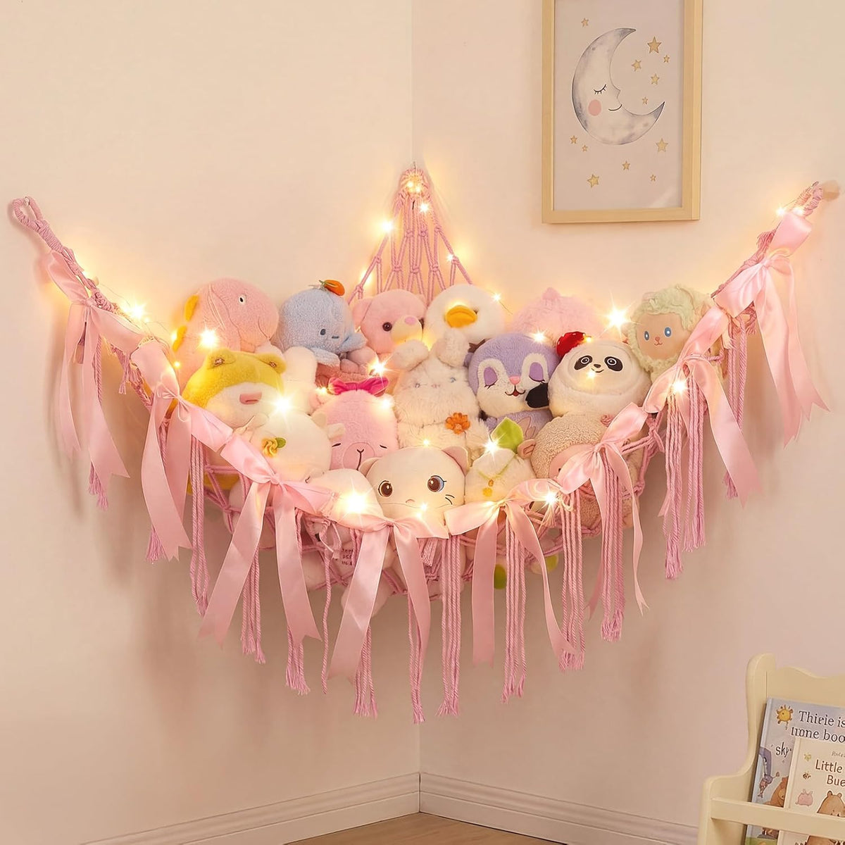 Stuffed Animals Storage Hammock with DIY Bows & LED Lights Hanging Toy Organizer for Stuffed Animals Large Corner Plushie Net for Kids Girls Room Decor Aesthetic Toy Hammock with Bowknots