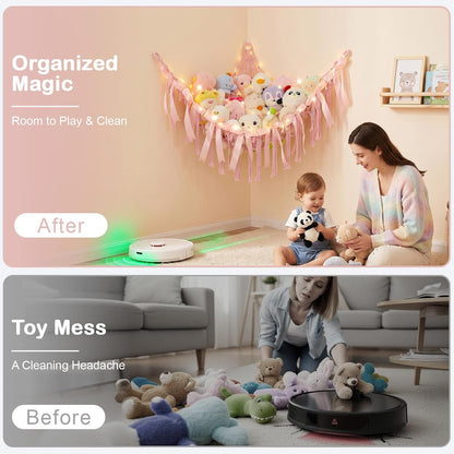 Stuffed Animals Storage Hammock with DIY Bows & LED Lights Hanging Toy Organizer for Stuffed Animals Large Corner Plushie Net for Kids Girls Room Decor Aesthetic Toy Hammock with Bowknots