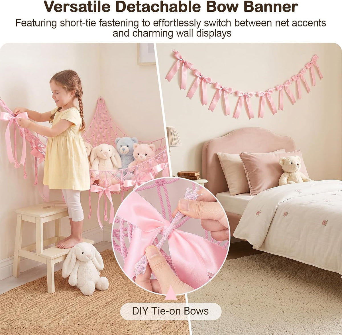 Stuffed Animals Storage Hammock with DIY Bows & LED Lights Hanging Toy Organizer for Stuffed Animals Large Corner Plushie Net for Kids Girls Room Decor Aesthetic Toy Hammock with Bowknots