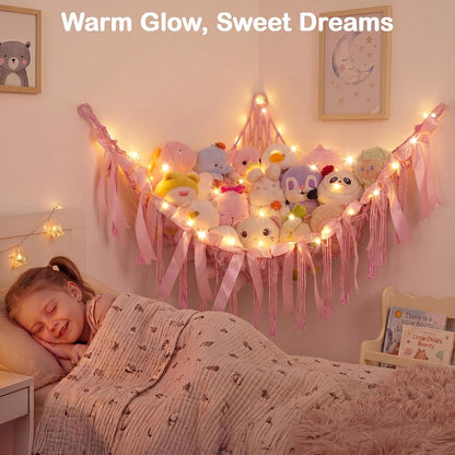 Stuffed Animals Storage Hammock with DIY Bows & LED Lights Hanging Toy Organizer for Stuffed Animals Large Corner Plushie Net for Kids Girls Room Decor Aesthetic Toy Hammock with Bowknots
