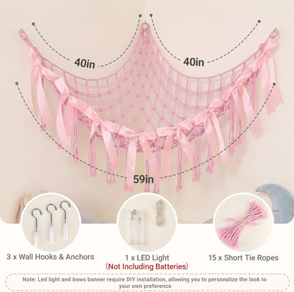 Stuffed Animals Storage Hammock with DIY Bows & LED Lights Hanging Toy Organizer for Stuffed Animals Large Corner Plushie Net for Kids Girls Room Decor Aesthetic Toy Hammock with Bowknots