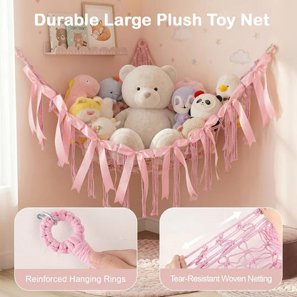 Stuffed Animals Storage Hammock with DIY Bows & LED Lights Hanging Toy Organizer for Stuffed Animals Large Corner Plushie Net for Kids Girls Room Decor Aesthetic Toy Hammock with Bowknots