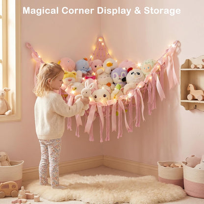 Stuffed Animals Storage Hammock with DIY Bows & LED Lights Hanging Toy Organizer for Stuffed Animals Large Corner Plushie Net for Kids Girls Room Decor Aesthetic Toy Hammock with Bowknots