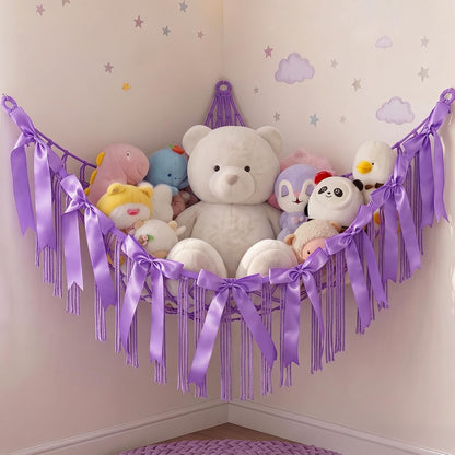 Stuffed Animals Storage Hammock with DIY Bows & LED Lights Hanging Toy Organizer for Stuffed Animals Large Corner Plushie Net for Kids Girls Room Decor Aesthetic Toy Hammock with Bowknots