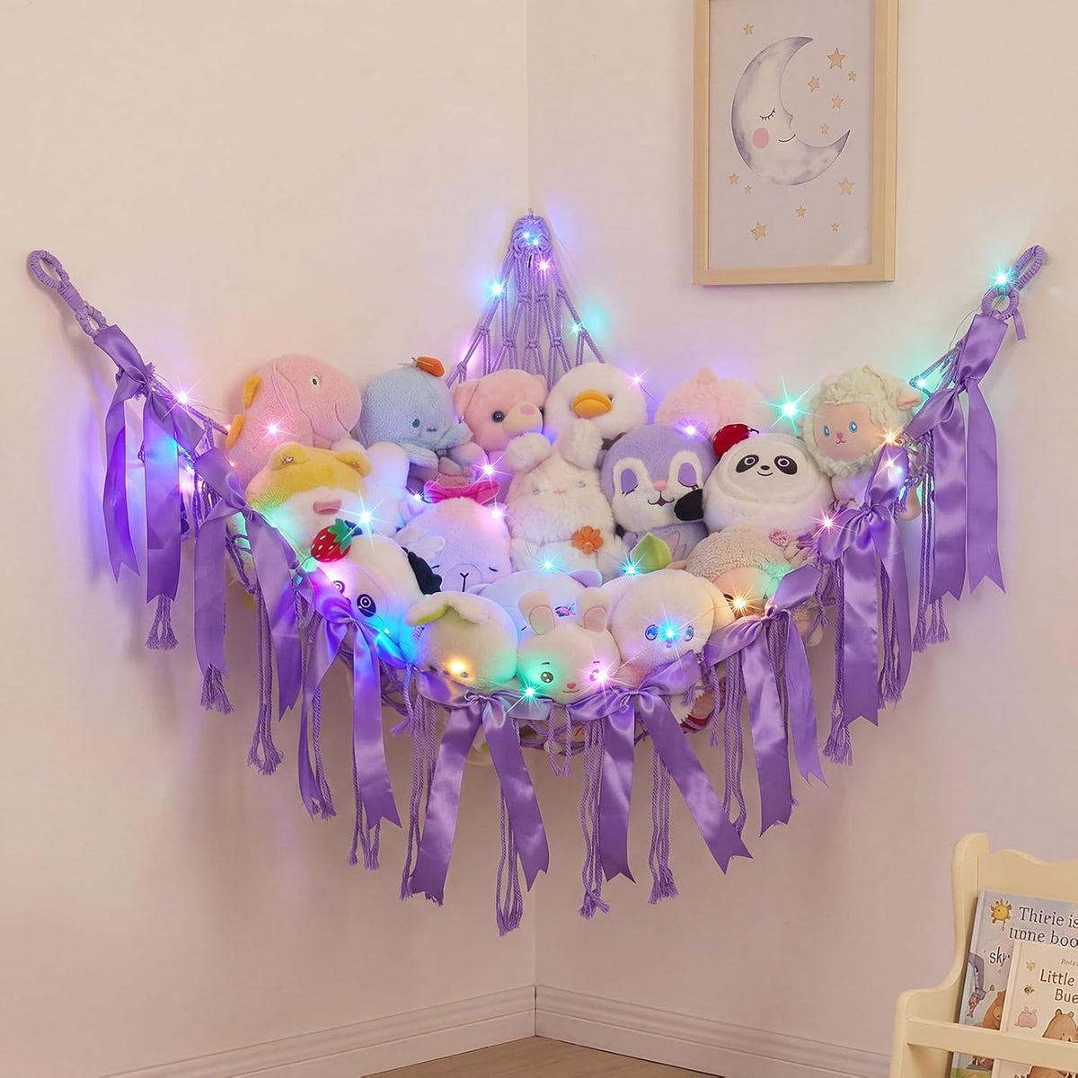 Stuffed Animals Storage Hammock with DIY Bows & LED Lights Hanging Toy Organizer for Stuffed Animals Large Corner Plushie Net for Kids Girls Room Decor Aesthetic Toy Hammock with Bowknots