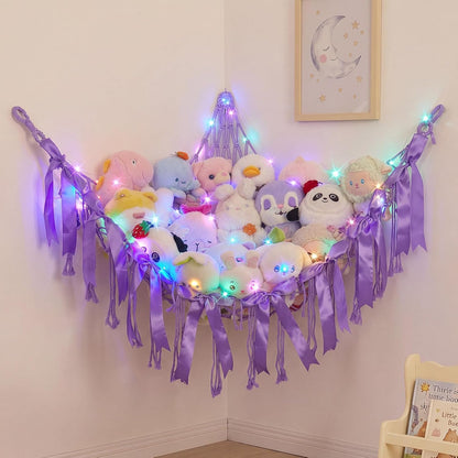 Stuffed Animals Storage Hammock with DIY Bows & LED Lights Hanging Toy Organizer for Stuffed Animals Large Corner Plushie Net for Kids Girls Room Decor Aesthetic Toy Hammock with Bowknots