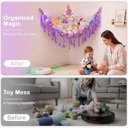 Stuffed Animals Storage Hammock with DIY Bows & LED Lights Hanging Toy Organizer for Stuffed Animals Large Corner Plushie Net for Kids Girls Room Decor Aesthetic Toy Hammock with Bowknots
