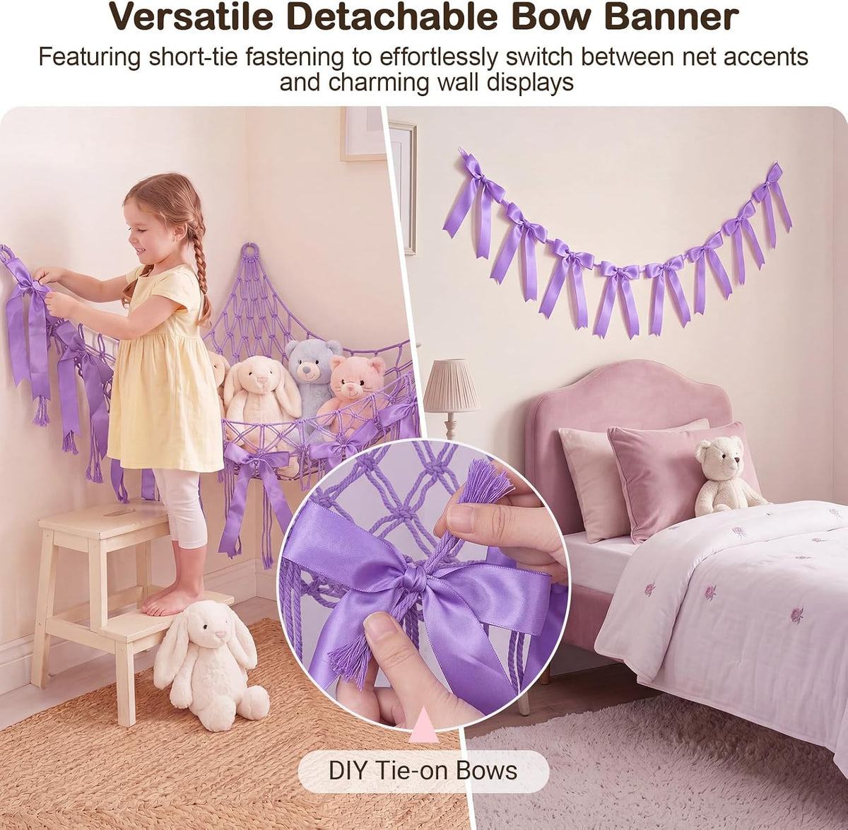 Stuffed Animals Storage Hammock with DIY Bows & LED Lights Hanging Toy Organizer for Stuffed Animals Large Corner Plushie Net for Kids Girls Room Decor Aesthetic Toy Hammock with Bowknots