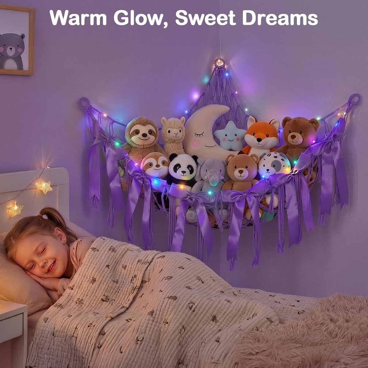 Stuffed Animals Storage Hammock with DIY Bows & LED Lights Hanging Toy Organizer for Stuffed Animals Large Corner Plushie Net for Kids Girls Room Decor Aesthetic Toy Hammock with Bowknots