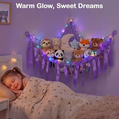 Stuffed Animals Storage Hammock with DIY Bows & LED Lights Hanging Toy Organizer for Stuffed Animals Large Corner Plushie Net for Kids Girls Room Decor Aesthetic Toy Hammock with Bowknots