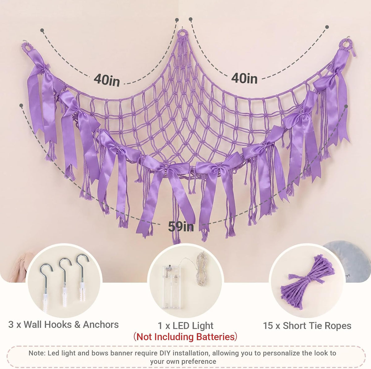 Stuffed Animals Storage Hammock with DIY Bows & LED Lights Hanging Toy Organizer for Stuffed Animals Large Corner Plushie Net for Kids Girls Room Decor Aesthetic Toy Hammock with Bowknots