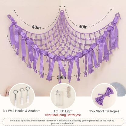 Stuffed Animals Storage Hammock with DIY Bows & LED Lights Hanging Toy Organizer for Stuffed Animals Large Corner Plushie Net for Kids Girls Room Decor Aesthetic Toy Hammock with Bowknots