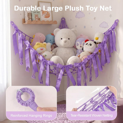 Stuffed Animals Storage Hammock with DIY Bows & LED Lights Hanging Toy Organizer for Stuffed Animals Large Corner Plushie Net for Kids Girls Room Decor Aesthetic Toy Hammock with Bowknots