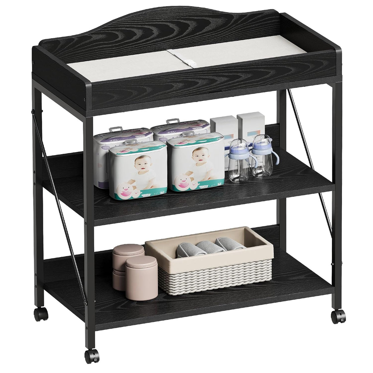 Baby Changing Table, Diaper Station with Pad, 2-Tier Shelves, Mobile, White