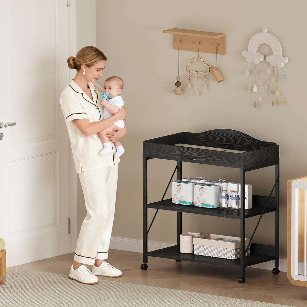 Baby Changing Table, Diaper Station with Pad, 2-Tier Shelves, Mobile, White