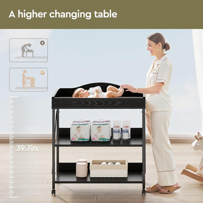 Baby Changing Table, Diaper Station with Pad, 2-Tier Shelves, Mobile, White