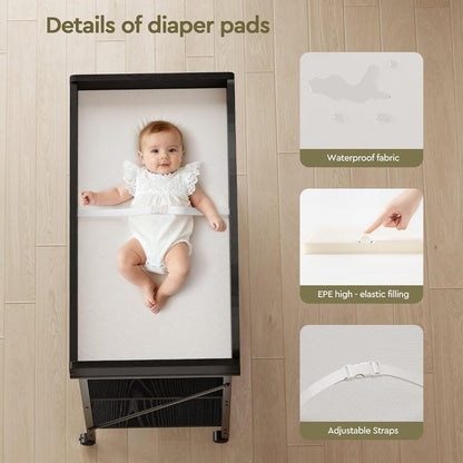 Baby Changing Table, Diaper Station with Pad, 2-Tier Shelves, Mobile, White