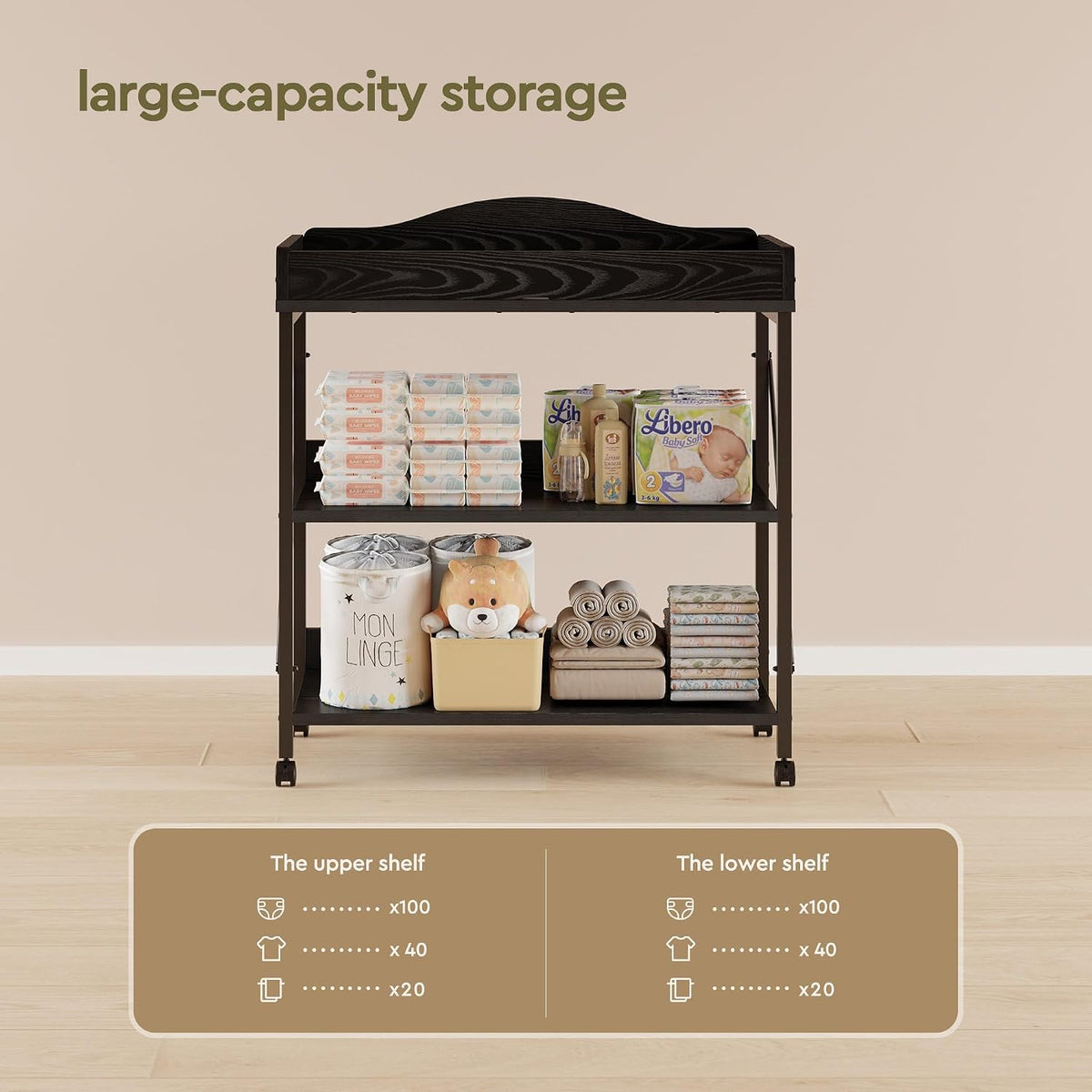 Baby Changing Table, Diaper Station with Pad, 2-Tier Shelves, Mobile, White