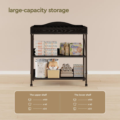 Baby Changing Table, Diaper Station with Pad, 2-Tier Shelves, Mobile, White