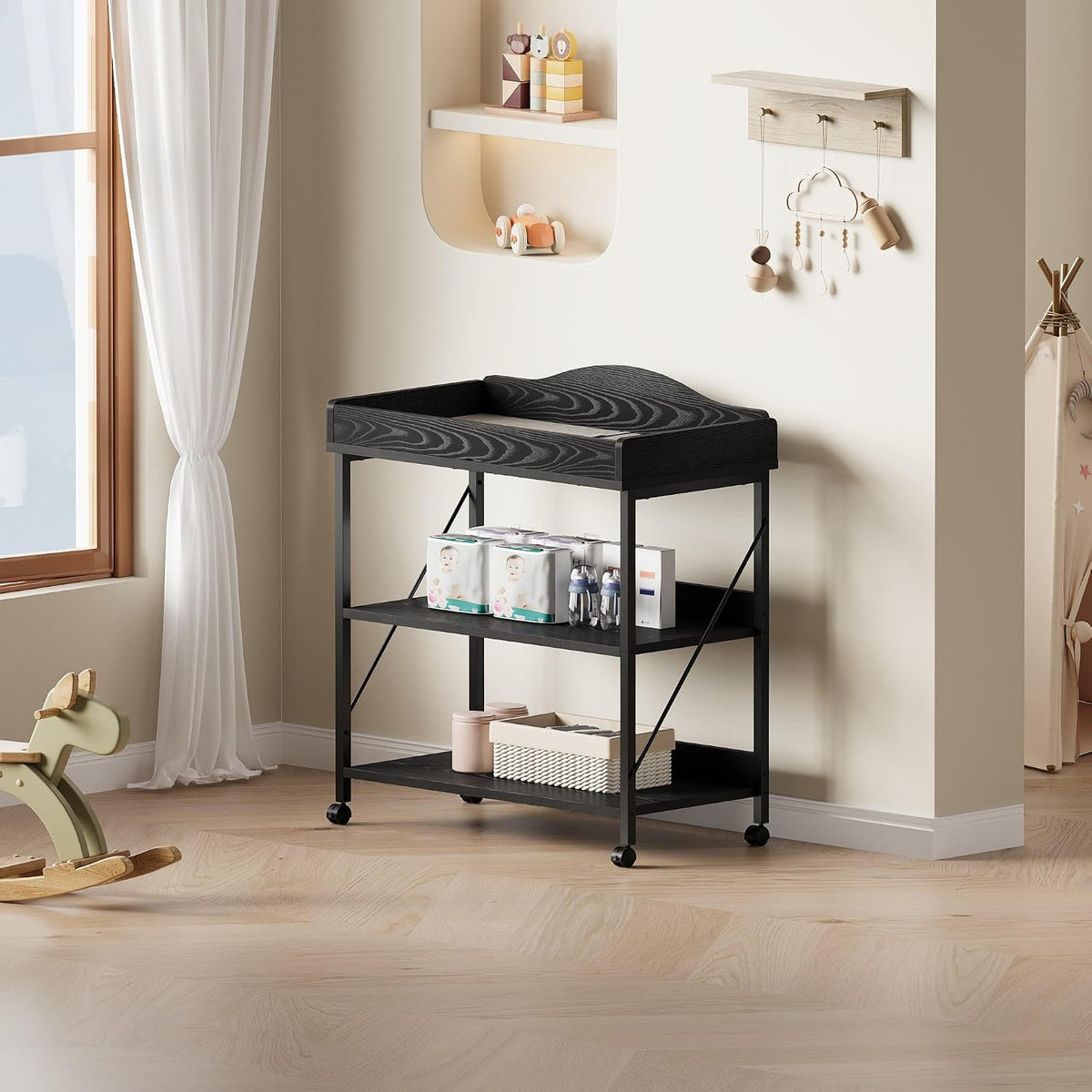 Baby Changing Table, Diaper Station with Pad, 2-Tier Shelves, Mobile, White