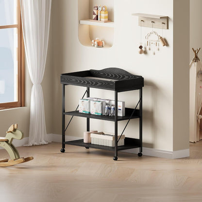 Baby Changing Table, Diaper Station with Pad, 2-Tier Shelves, Mobile, White